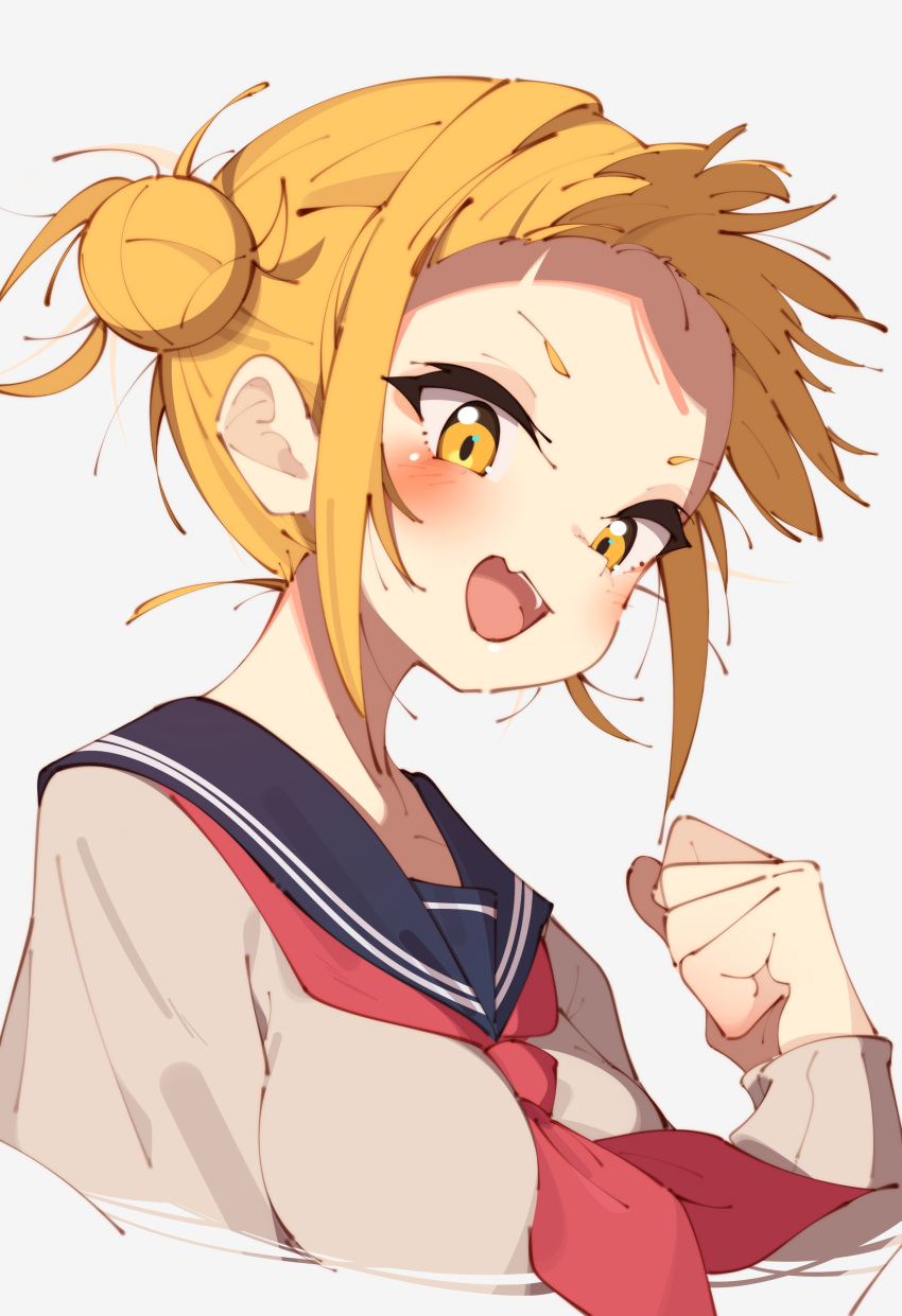 1girl absurdres bangs blonde_hair blue_sailor_collar blush boku_no_hero_academia brown_shirt clenched_hand collarbone cropped_torso double_bun fang hair_bun hand_up highres long_sleeves looking_at_viewer neckerchief open_mouth rasusurasu red_neckerchief sailor_collar shirt short_eyebrows short_hair_with_long_locks sidelocks simple_background skin_fang smile solo teeth toga_himiko tsurime upper_body upper_teeth white_background yellow_eyes