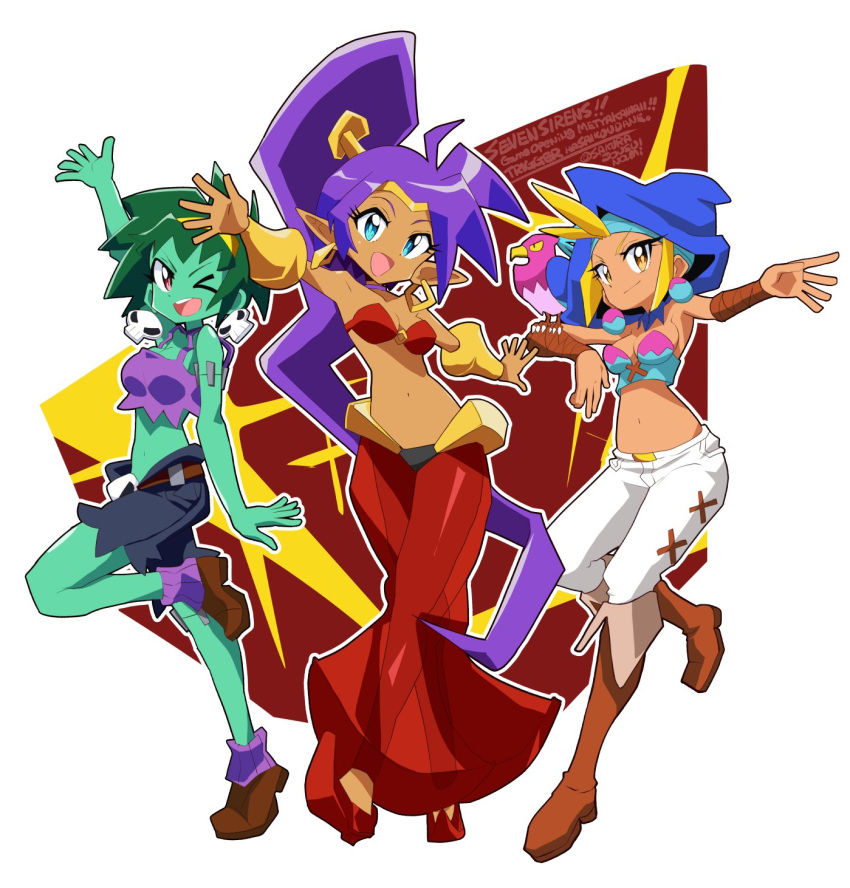 3girls bird blue_eyes boots bracelet eagle earrings full_body highres jewelry looking_at_viewer midriff multiple_girls one_eye_closed open_mouth pointy_ears ponytail purple_hair rottytops sakurajyousui_nami shantae shantae_(series) sky_(shantae) smile tiara