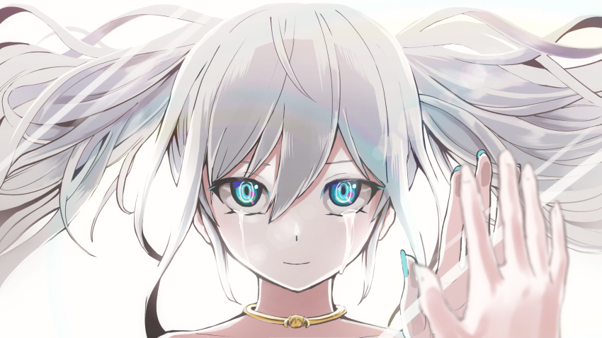 1girl alternate_hair_color aqua_eyes aqua_nails bangs blurry blurry_foreground closed_mouth commentary crying crying_with_eyes_open different_reflection fingernails floating_hair hair_between_eyes hand_on_mirror hand_up hatsune_miku highres jewelry long_fingernails long_hair looking_at_mirror looking_at_viewer mirror nail_polish neck_ring pinocchio-p portrait reflection sidelocks smile solo tears twintails vocaloid white_background white_hair