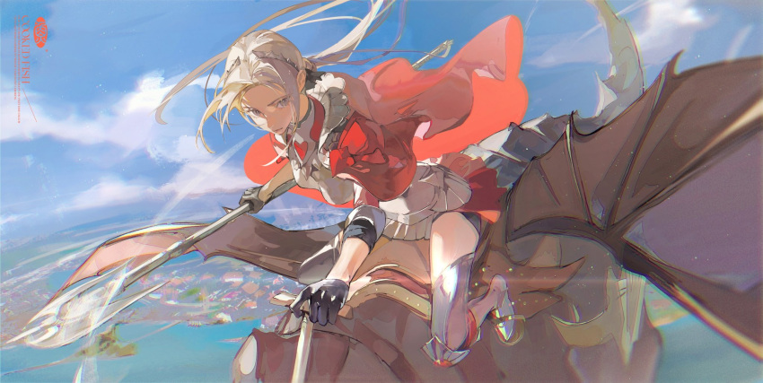 1girl armor axe bangs black_gloves blonde_hair blue_ribbon breasts cape dragon edelgard_von_hresvelg fire_emblem fire_emblem:_three_houses fire_emblem_warriors:_three_hopes full_body gloves grey_eyes hair_ornament hair_ribbon half_gloves highres holding holding_axe holding_weapon knee_pads low_ponytail medium_breasts official_alternate_costume outdoors parted_bangs red_cape ribbon riding_dragon shuyu08382645 solo weapon wyvern