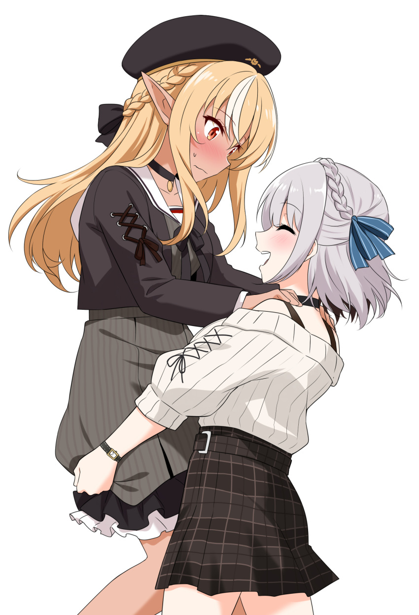 2girls black_choker black_tank_top blonde_hair braid brown_skirt choker dark-skinned_female dark_elf dark_skin derivative_work dress elf felutiahime french_braid green_eyes grey_hair hair_down hairband high-waist_skirt highres hololive jewelry long_hair lycoris_recoil miniskirt multicolored_hair multiple_girls off-shoulder_sweater off_shoulder pendant pinstripe_dress pinstripe_pattern plaid plaid_skirt pointy_ears ribbed_sweater sailor_dress shiranui_flare shirogane_noel short_hair skirt snowflake_pendant streaked_hair striped sweater tank_top virtual_youtuber wavy_hair white_sweater yuri