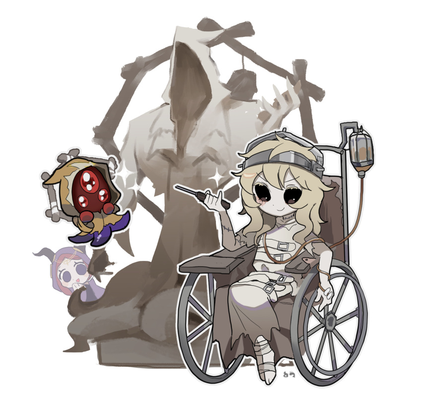 1boy 2girls :d bandaged_foot bandages belt black_eyes blush_stickers chibi chirko_0326 chisel dress fake_horns fiona_gilman galatea_(identity_v) hastur_(identity_v) highres hood hood_up horns identity_v intravenous_drip long_hair multiple_girls redhead scar scar_on_neck simple_background sitting smile sparkle statue straitjacket tentacles torn_clothes torn_sleeves wheelchair white_background