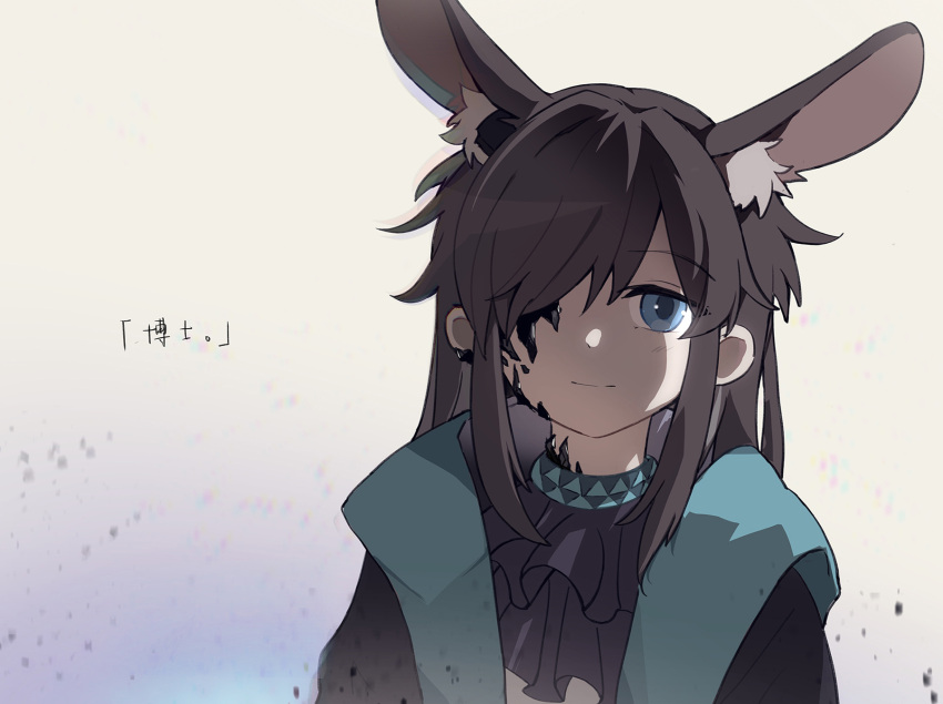 1girl amiya_(arknights) animal_ear_fluff animal_ears arknights ascot bangs black_jacket blue_ascot blue_collar blue_eyes brown_hair chinese_text collar extra_ears grey_background hair_over_one_eye highres jacket jewelry long_hair neck_ring one_eye_covered open_clothes open_jacket oripathy_lesion_(arknights) rabbit_ears rabbit_girl shirt simple_background solo swept_bangs translated upper_body white_shirt yufeng_kaete