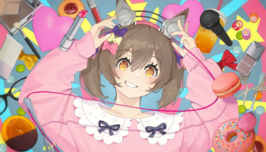 1girl animal_ears arms_up bangs blush bow bowtie brand_name_imitation brown_hair cable candy cosmetics cup disposable_cup doughnut food fork fruit glasses grin hair_bow headphones_for_animal_ears highres horse_ears kogomiza lipstick_tube long_sleeves looking_at_viewer macaron makeup_brush microphone multicolored_nails orange_(fruit) orange_slice pink_hair scissors short_hair smart_falcon_(umamusume) smile solo sony spoon teeth twintails umamusume upper_body yellow_eyes