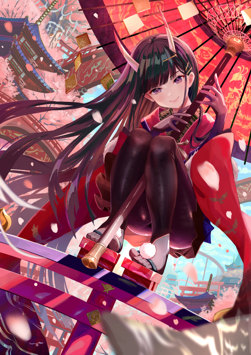 1girl absurdres architecture azur_lane bangs black_gloves black_hair black_pantyhose blue_sky blunt_bangs blush bridge building closed_mouth clouds cloudy_sky day east_asian_architecture feet gloves hair_ornament hairclip head_tilt highres holding holding_umbrella horns ito_lab japanese_clothes kimono long_hair looking_at_viewer noshiro_(azur_lane) oil-paper_umbrella oni_horns outdoors pantyhose railing red_kimono red_umbrella sandals sky smile solo squatting toeless_legwear toes tree umbrella very_long_hair violet_eyes wide_sleeves