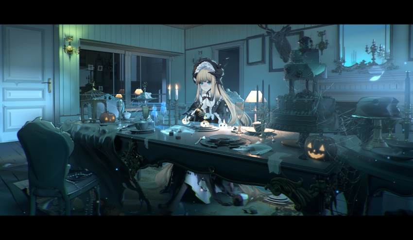 1girl :| arknights bangs birdcage black_bow black_bowtie black_dress black_footwear black_gloves black_hair black_headwear blonde_hair blue_eyes blue_fire blunt_bangs bonnet book boots bow bowl bowtie broken_plate cage cake cake_stand candle candlestand carpet chair closed_mouth commentary cup deer_head demon_girl demon_horns dining_room door dress drinking_glass empty_picture_frame expressionless fire fireplace flame food ghost gloves gradient_hair highres holding holding_candle horns indoors itohime jack-o'-lantern lampshade letterboxed long_hair long_sleeves mirror multicolored_hair nightingale_(an_elegy)_(arknights) nightingale_(arknights) official_alternate_costume on_chair picture_frame plate reflection saucer sidelocks silk sitting solo spider_web spoon table taxidermy two-tone_dress two-tone_hair very_long_hair white_dress wide_shot wide_sleeves window wine_glass