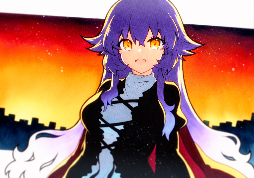 1girl breasts cape cross-laced_clothes dress gradient_hair hair_between_eyes highres hijiri_byakuren large_breasts long_hair long_sleeves multicolored_hair open_mouth purple_hair qqqrinkappp red_cape smile solo touhou traditional_media turtleneck_dress upper_body white_dress yellow_eyes