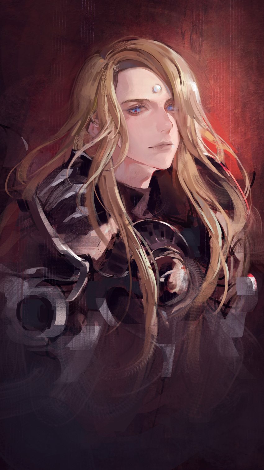 1boy absurdres armor blonde_hair blue_eyes breastplate chinese_commentary commentary_request expressionless final_fantasy final_fantasy_xiv garlean highres long_hair looking_down male_focus painterly pauldrons portrait red_background red_pupils shoulder_armor solo third_eye ye_yu zenos_yae_galvus