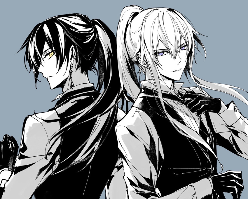 2boys bangs blue_background collared_shirt copyright_request earrings gloves hair_between_eyes hand_up jewelry long_hair long_sleeves male_focus mochizuki_shiina monochrome multiple_boys ponytail shirt simple_background upper_body vest violet_eyes yellow_eyes