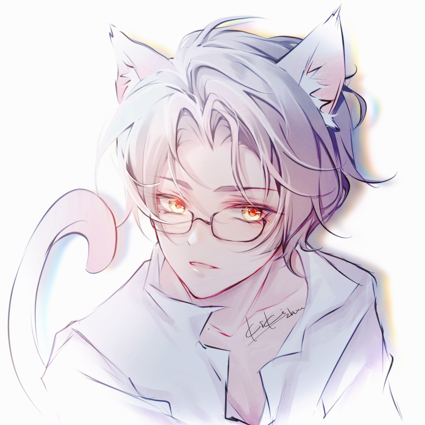 1boy animal_ears cat_boy cat_ears cat_tail collared_shirt glasses highres kikizhouu open_mouth shirt short_hair signature solo tail tears_of_themis vyn_richter_(tears_of_themis) white_background white_hair white_shirt yellow_eyes