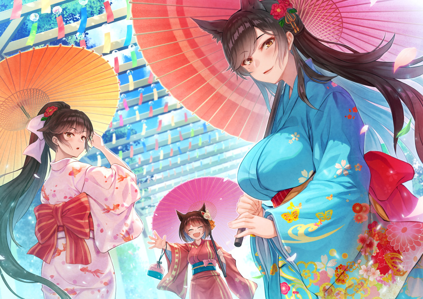 3girls absurdres alternate_costume animal_ears animal_print atago_(azur_lane) azur_lane back_bow blue_kimono blue_sash blue_sky bow breasts brown_hair closed_eyes clouds cloudy_sky day dutch_angle floral_print flower from_below hair_bow hair_flower hair_ornament highres himamo holding holding_umbrella huge_breasts japanese_clothes kimono large_breasts long_hair long_sleeves looking_back looking_to_the_side multiple_girls oil-paper_umbrella open_mouth outdoors outstretched_arm pink_kimono print_kimono purple_umbrella red_flower red_sash red_umbrella sagging_breasts sash short_hair sky takao_(azur_lane) tree umbrella very_long_hair white_bow wide_sleeves yamashiro_(azur_lane) yellow_eyes yellow_umbrella yukata