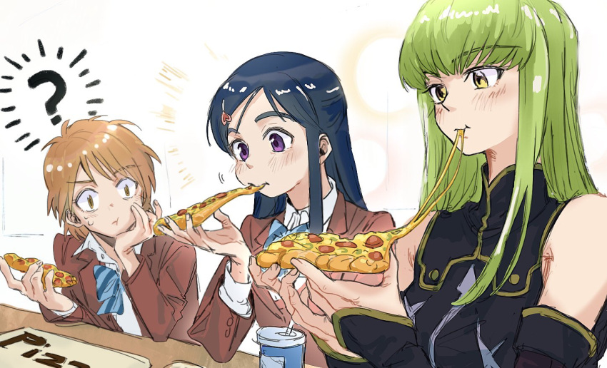 3girls blazer blue_bow blue_bowtie blue_hair bow bowtie brown_eyes brown_hair brown_jacket c.c. cheese_trail code_geass crossover cup disposable_cup dress_shirt eating food futari_wa_precure green_hair hair_ornament hairclip holding holding_food holding_pizza jacket karen_le_cao long_sleeves misumi_nagisa multiple_girls pizza pizza_box pizza_slice precure school_uniform shirt short_hair verone_gakuin_school_uniform violet_eyes voice_actor_connection white_shirt yellow_eyes yukana yukishiro_honoka