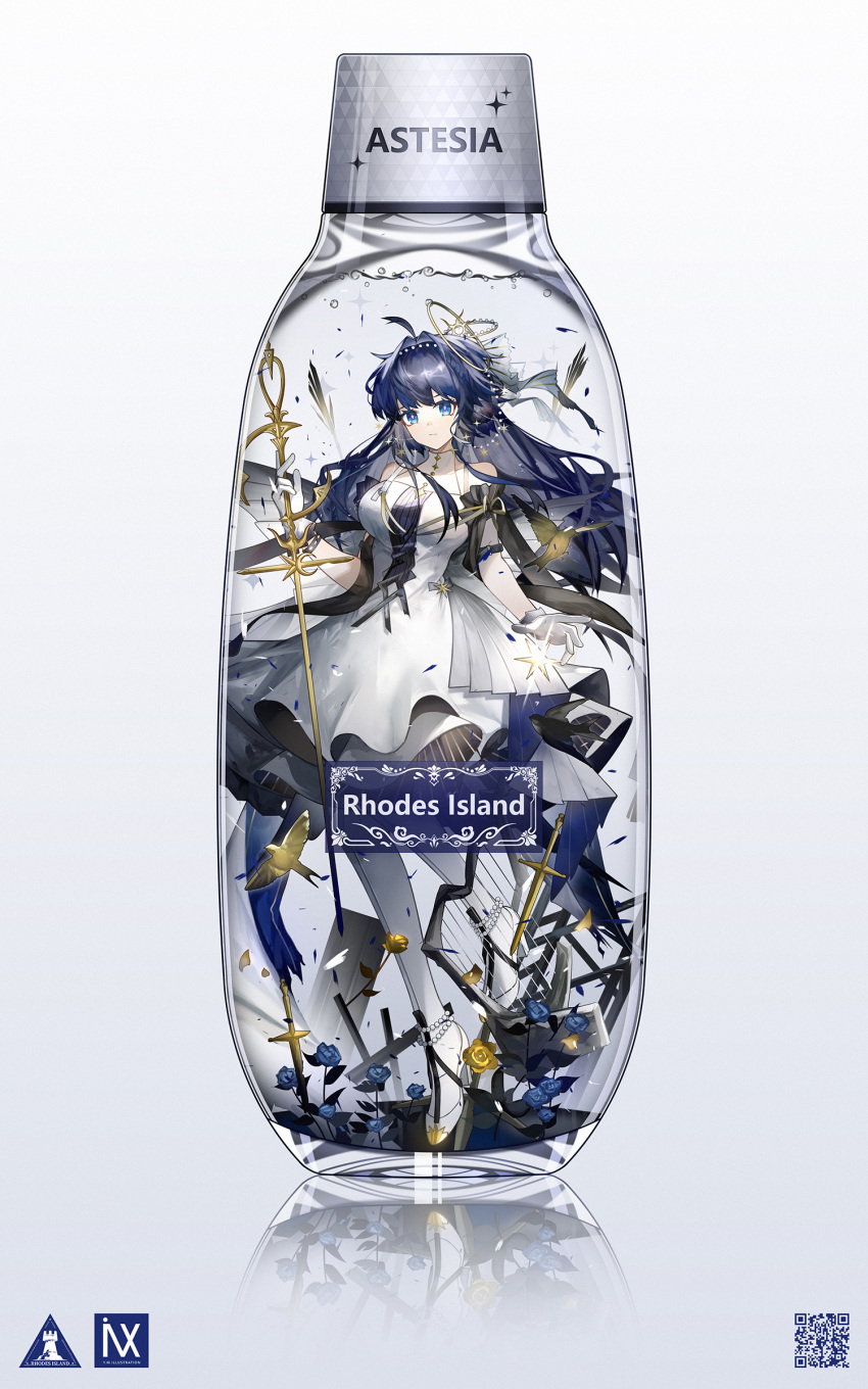 1girl absurdres ahoge arknights astesia_(arknights) astesia_(frlibre_on_the_palace)_(arknights) bangs bare_shoulders bird blue_eyes blue_hair bottle breasts closed_mouth dress full_body gloves hair_intakes high_heels highres holding holding_sword holding_weapon in_bottle in_container long_hair looking_at_viewer medium_breasts pantyhose simple_background solo sword weapon white_background white_dress white_footwear white_gloves white_pantyhose yuuki_mix