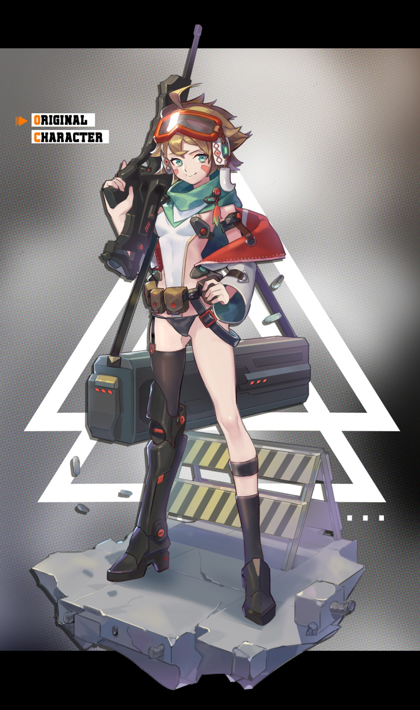 1girl ahoge ass_visible_through_thighs belt belt_pouch black_socks black_thighhighs brown_hair charm_(object) closed_mouth covered_navel crack cracked_floor english_text facial_mark feathers goggles goggles_on_head green_eyes hand_on_hip highres holding holding_weapon leotard orange_goggles original pouch short_hair sign single_sock single_thighhigh smile socks solo thelian thigh-highs warning_sign weapon white_leotard zipper