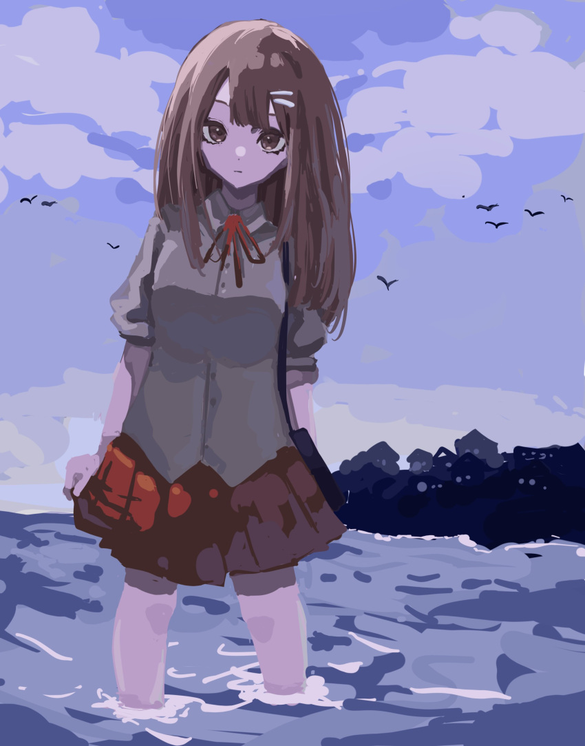 1girl absurdres animal arm_behind_back bag bird blue_bag brown_eyes brown_hair city closed_mouth clouds cloudy_sky flying hair_ornament hairclip highres long_hair looking_at_viewer mentally_deficient ocean original outdoors red_ribbon red_skirt ribbon silhouette sketch skirt sky solo wading water