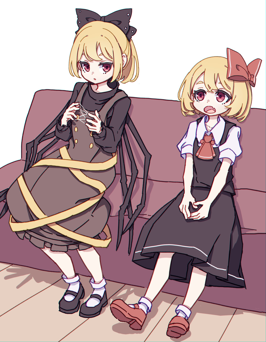 2girls absurdres ascot black_footwear black_ribbon black_shirt black_skirt black_vest blonde_hair brown_dress brown_eyes collared_shirt dress fang hair_ribbon highres kame_(kamepan44231) kurodani_yamame long_sleeves multiple_girls open_mouth parted_lips ponytail red_ascot red_eyes red_footwear red_ribbon ribbon rumia shirt shoes short_hair short_sleeves skin_fang skirt socks touhou vest white_shirt white_socks