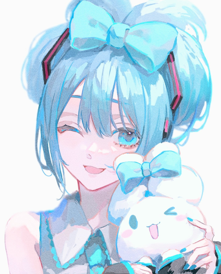 1girl ;d bangs blue_eyes blue_hair blue_nails blue_necktie cinnamiku cinnamoroll collared_shirt creature folded_twintails frilled_shirt frills grey_shirt hair_between_eyes hatsune_miku highres holding holding_creature looking_at_viewer nail_polish necktie one_eye_closed open_mouth portrait sanrio shiny shiny_hair shirt simple_background sleeves_past_wrists smile solo tied_ears vocaloid white_background wing_collar yoruirooo777