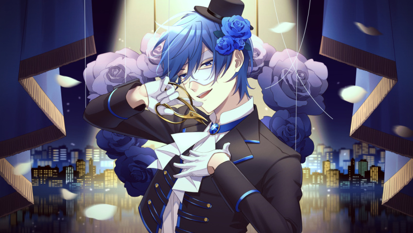 1boy ascot black_jacket blue_eyes blue_flower blue_hair blue_rose blue_theme brooch carnival_mask city floral_background flower gloves hair_flower hair_ornament hands_up hat holding holding_scissors jacket jewelry kaito_(vocaloid) long_sleeves male_focus mask masked night nokuhashi open_clothes open_jacket petals rose scissors smile solo thread vocaloid white_gloves