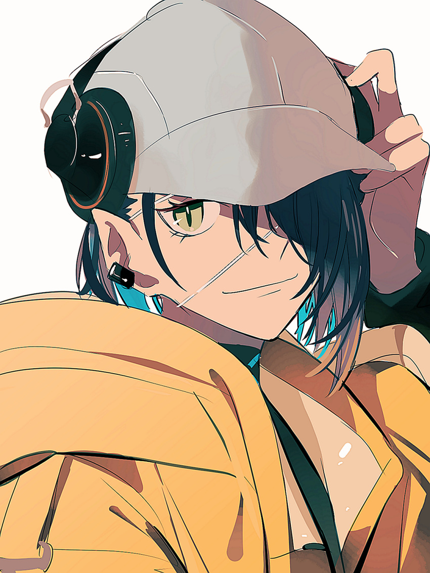 1girl arknights arm_up asbestos_(arknights) baseball_cap black_hair blue_hair closed_mouth ear_piercing green_eyes grey_headwear hair_over_one_eye hat headphones highres jacket looking_at_viewer multicolored_hair open_clothes open_jacket piercing pointy_ears simple_background smile tetuw two-tone_hair upper_body white_background yellow_jacket