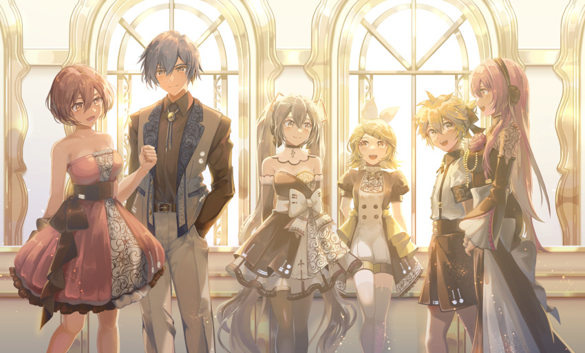 2boys 4girls aqua_hair bangs bare_shoulders blonde_hair blue_eyes blue_hair bow brooch brown_hair clenched_hand closed_mouth detached_sleeves dress flower gloves hair_between_eyes hair_bow hair_ornament hand_in_pocket hand_up hatsune_miku headset highres indoors jewelry kagamine_len kagamine_rin kaito_(vocaloid) lace long_dress long_hair megurine_luka meiko multiple_boys multiple_girls open_clothes open_mouth open_vest pants pink_hair puffy_short_sleeves puffy_shorts puffy_sleeves red_dress ribbon rose saihate_(d3) short_hair short_sleeves shorts smile strapless strapless_dress suspender_shorts suspenders swept_bangs thigh-highs twintails vest vest_over_shirt vocaloid window