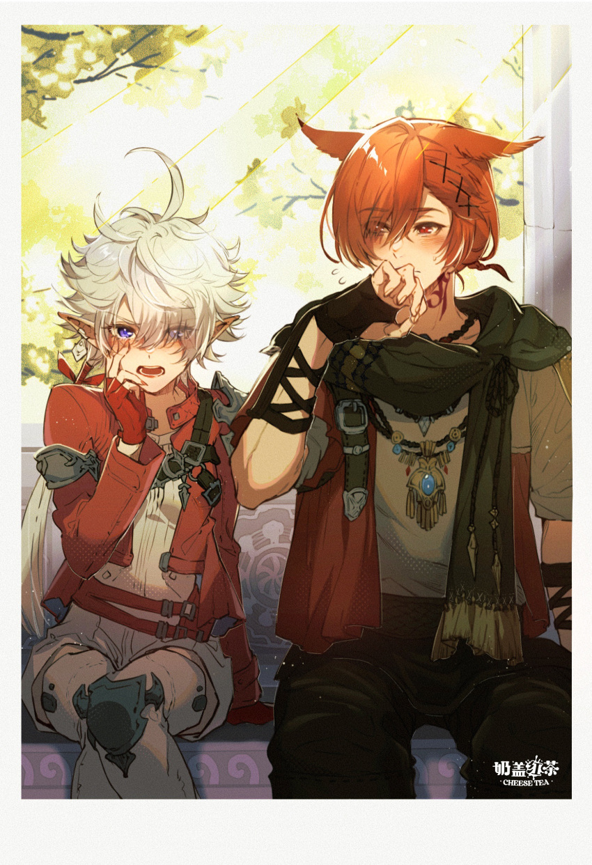 1boy 1girl absurdres ahoge alisaie_leveilleur animal_ears armor artist_name bangs belt_buckle black_gloves black_pants black_scarf blue_eyes blush boots border braid braided_ponytail branch buckle cat_ears chest_belt chinese_commentary commentary_request day earclip elbow_gloves elezen elf embarrassed eyes_visible_through_hair facial_mark feet_out_of_frame final_fantasy final_fantasy_xiv fingerless_gloves flying_sweatdrops fringe_trim g'raha_tia gloves grey_hair grey_shirt hair_ornament hair_over_one_eye hair_ribbon hand_on_own_face hand_up highres jacket jewelry knee_pads leaf light_rays long_hair long_sleeves looking_at_another looking_at_viewer low_ponytail miqo'te nai_gai_hongcha neck_tattoo open_mouth outdoors pants pauldrons pendant pointy_ears red_eyes red_gloves red_jacket redhead ribbon scarf shirt short_hair short_ponytail shoulder_armor shoulder_belt single_braid single_pauldron sitting slit_pupils sunlight swept_bangs tattoo thigh_boots white_border white_footwear white_shirt x_hair_ornament