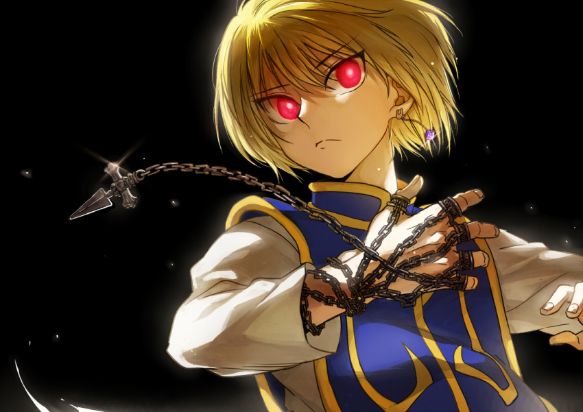 1boy blonde_hair blue_tabard chain closed_mouth earrings hunter_x_hunter jewelry kurapika looking_at_viewer male_focus red_eyes ring shirt short_hair solo_focus turdidae upper_body weapon white_shirt