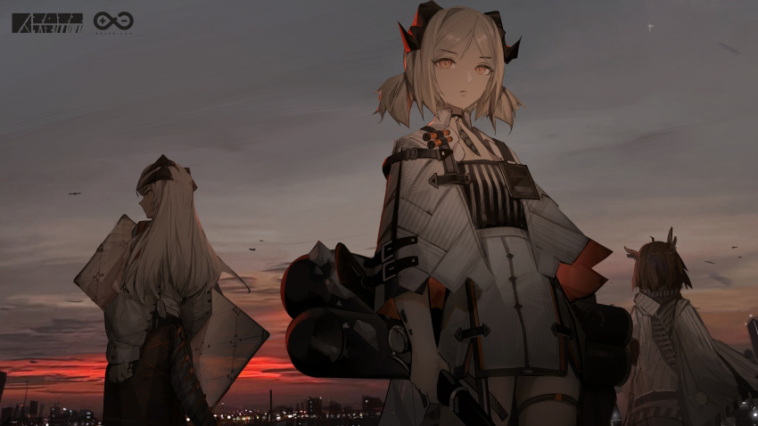 3girls absurdres ahoge arknights black_choker black_shirt black_skirt brown_hair choker copyright_name cowboy_shot demon_horns dragon_horns dragon_tail facing_away feather_choker grey_hair grey_sky ground_vehicle highres holding holding_shield horns id_card ifrit_(arknights) jacket light_brown_hair looking_at_viewer military military_vehicle motor_vehicle multiple_girls outdoors owl_ears qiumoyixing saria_(arknights) shield shirt short_hair short_twintails silence_(arknights) skirt sunset tail tail_through_clothes tank thigh_strap twintails white_jacket white_shirt white_skirt yellow_eyes