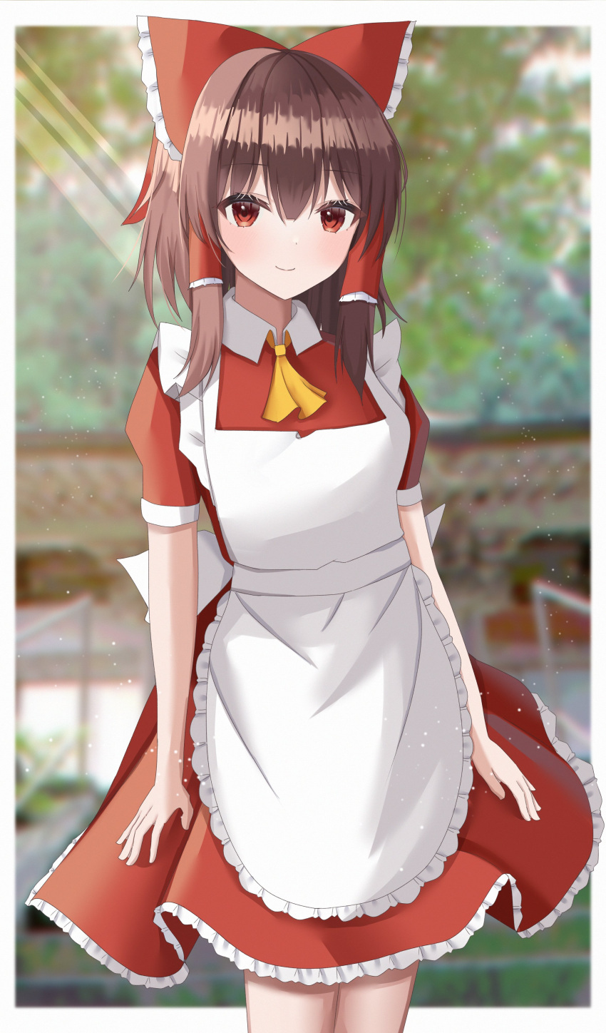 1girl absurdres adapted_costume alternate_costume aohane apron ascot blurry blurry_background blurry_foreground bow brown_hair depth_of_field enmaided frilled_bow frills hair_bow hair_tubes hakurei_reimu highres looking_at_viewer maid red_skirt skirt smile solo touhou