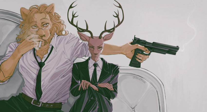 2boys antlers beastars belt between_fingers black_jacket black_necktie black_pants brown_eyes cigarette closed_mouth collared_shirt couch crossed_legs deadprince deer_boy dress_shirt finger_on_trigger fingernails formal furry glasses gun handgun highres holding holding_cigarette holding_gun holding_weapon ibuki_(beastars) jacket lion_boy long_sleeves looking_at_viewer looking_away louis_(beastars) male_focus mouth_hold multiple_boys necktie outstretched_arm pants scar scar_on_arm sharp_fingernails shirt sideways_glance simple_background sleeves_rolled_up smoke smoke_trail smoking suit upper_body weapon white_shirt