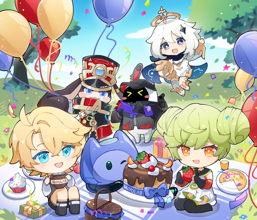 &gt;_&lt; 1boy 2girls 3others :d absurdres ai-chan_(honkai_impact) balloon bangs bare_shoulders black_eyes black_footwear black_gloves black_scarf black_shorts black_socks blonde_hair blue_eyes blue_sky boots cake chibi clouds cloudy_sky company_connection confetti crossover cup cupcake davis_(tears_of_themis) double_bun dress elbow_gloves emmikn food fruit full_body genshin_impact gloves green_hair hair_bun hair_ornament halo highres holding holding_cup honkai:_star_rail honkai_(series) honkai_impact_3rd hoyoverse long_sleeves looking_at_viewer mihoyo mimo_(hoyoverse) multiple_girls multiple_others one_eye_closed open_mouth orange_eyes outdoors paimon_(genshin_impact) pizza plate pom-pom_(honkai:_star_rail) pom_pom rabbit scarf shirt short_hair shorts sky sleeveless sleeveless_dress smile socks strawberry tears_of_themis thigh_boots tree waving white_dress white_footwear white_hair white_shirt zenless_zone_zero