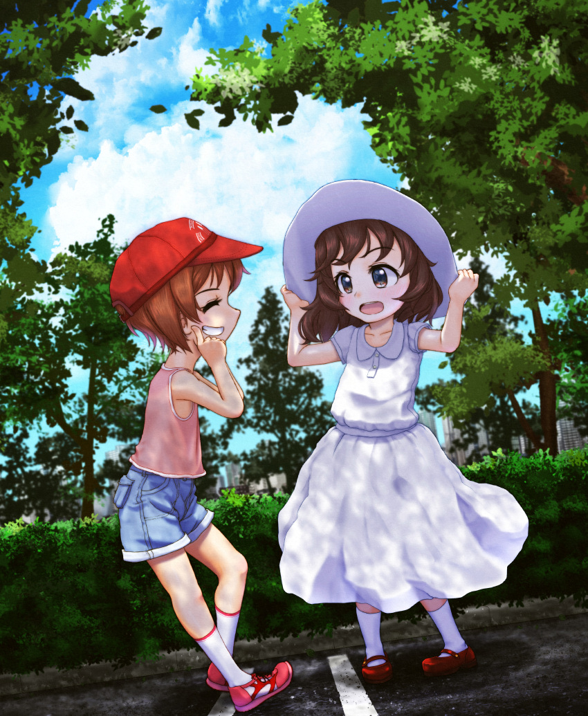 2girls absurdres adjusting_clothes adjusting_headwear akiyama_yukari bangs baseball_cap blue_shorts blue_sky blurry blurry_background brown_eyes brown_hair bush closed_eyes clouds cloudy_sky collared_dress commentary_request dappled_sunlight day depth_of_field dress dutch_angle facing_another fingersmile girls_und_panzer grin hat highres looking_at_another medium_dress medium_hair multiple_girls mushinosuke nishizumi_miho open_mouth outdoors partial_commentary pink_shirt red_footwear shirt short_hair short_shorts short_sleeves shorts sky smile socks standing sun_hat sunlight tank_top tree white_dress white_headwear white_socks younger