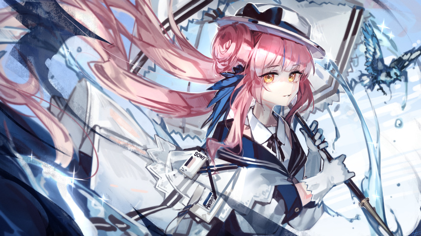 1girl arknights black_bow bow ceylon_(arknights) commentary doughnut_hair_bun dress feather_hair floating_hair gloves hair_bun hat hat_bow highres holding holding_umbrella libiadan long_hair long_sleeves looking_at_viewer parted_lips pink_hair solo umbrella upper_body white_dress white_gloves white_headwear yellow_eyes