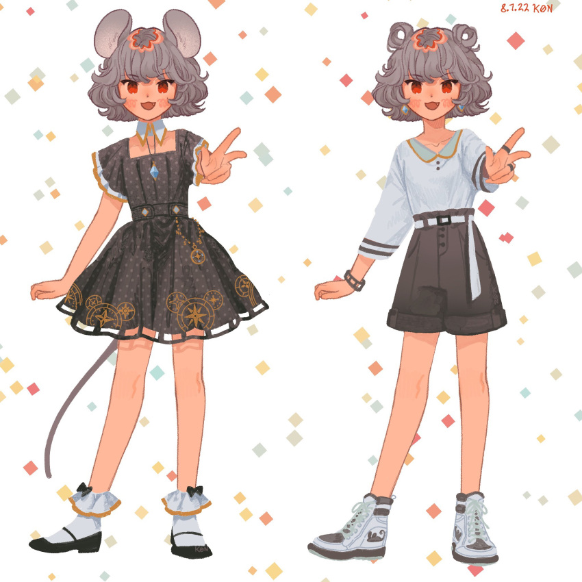 1girl :d alternate_costume animal_ears artist_name belt black_footwear blush_stickers bow collar collarbone compass_rose cross-laced_footwear dated detached_collar dot_nose double_bun dress fang gem grey_dress grey_hair grey_shorts hair_bun highres jewelry k0nfette mouse_ears mouse_girl nazrin necklace red_eyes shirt shirt_tucked_in shoes short_dress short_hair short_sleeves shorts smile sneakers socks square_neckline tail touhou v white_background white_belt white_collar white_footwear white_shirt white_socks