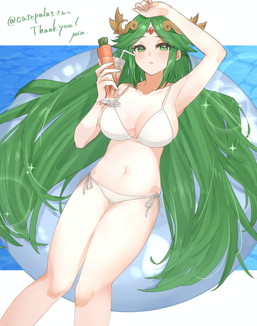 1girl armpits artist_signature blush carrot carrot_juice commissioner_upload drinking_straw female_solo green_eyes green_hair innertube large_breasts looking_at_viewer matching_hair/eyes navel one_arm_up palutena parted_bangs parted_lips side-tie_bikini sidelocks skeb_commission solo solo_female thighs very_long_hair water white_bikini