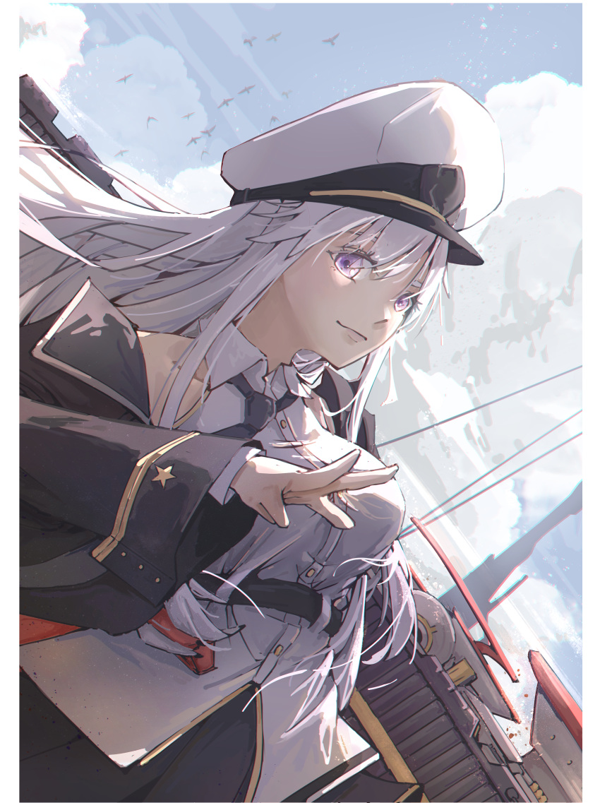 absurdres azur_lane bangs bird black_jacket blue_sky breasts buttons closed_mouth clouds collared_shirt commentary english_commentary enterprise_(azur_lane) flock grey_hair hat highres jacket kun_(user_afpk2585) large_breasts light_smile long_hair looking_at_viewer outdoors peaked_cap rigging shirt sky swept_bangs very_long_hair violet_eyes white_shirt