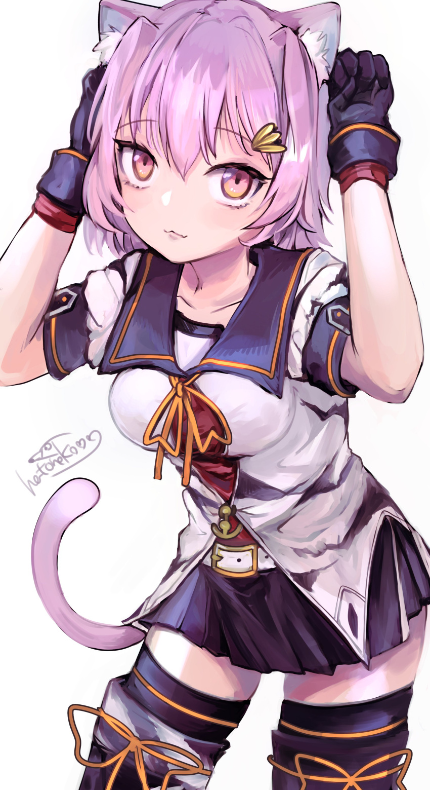 1girl absurdres animal_ears black_gloves black_skirt black_thighhighs blush cat_ears cat_tail closed_mouth collarbone cowboy_shot gloves hair_between_eyes hatoneko highres kantai_collection one-hour_drawing_challenge pink_hair pleated_skirt red_eyes sailor_collar sailor_shirt shirt short_hair short_sleeves signature simple_background skirt solo tail tama_(kancolle) tama_kai_ni_(kancolle) thigh-highs white_background