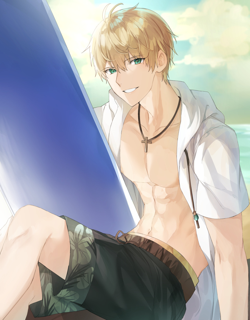 1boy absurdres ahoge arthur_pendragon_(fate) arthur_pendragon_(hero_on_the_beach)_(fate) bare_pectorals beach blonde_hair blue_eyes commentary cross fate/grand_order fate/prototype fate/prototype:_fragments_of_blue_and_silver fate_(series) feet_out_of_frame green_eyes highres hood hoodie kanniiepan looking_at_viewer male_focus male_swimwear nipples official_alternate_costume pectorals print_shorts short_sleeves shorts sky smile solo swim_trunks swimsuit teeth toned toned_male