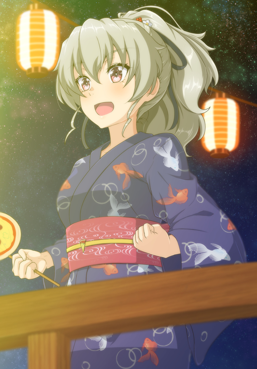 1girl absurdres ada_badguy anchovy_(girls_und_panzer) blush breasts fireworks flower girls_und_panzer green_hair hair_flower hair_ornament highres japanese_clothes kimono night night_sky open_mouth outdoors ponytail red_eyes shiny shiny_hair sky small_breasts smile solo star_(sky) starry_sky yukata
