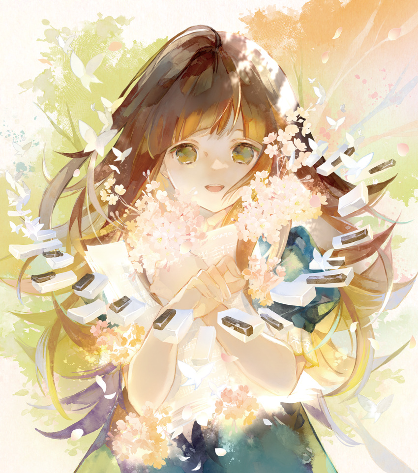 1girl :o brown_hair bug butterfly deemo flower girl_(deemo) hands_up highres long_hair looking_at_viewer niwa_haruki petals piano_keys sheet_music solo standing very_long_hair white_butterfly