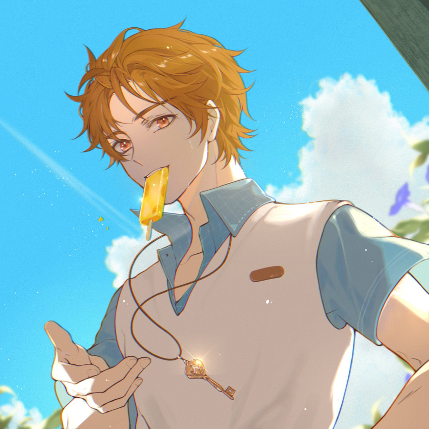 1boy bangs blue_sky brown_eyes brown_hair clouds cloudy_sky food food_in_mouth highres jewelry jiukuzi18797 key looking_at_viewer luke_pearce_(tears_of_themis) necklace outdoors polo_shirt popsicle shirt short_hair short_sleeves sky solo tears_of_themis white_shirt