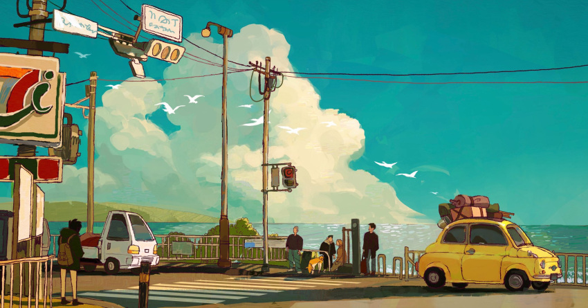 bag bird car clouds commentary crosswalk day dog english_commentary flying ground_vehicle highres kaye_bin lamppost lupin_iii motor_vehicle original outdoors people pickup_truck road scenery short_hair sign street traffic_light truck water