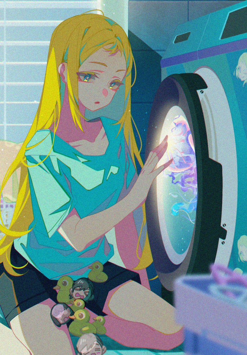 1girl black_shorts blonde_hair blue_eyes blue_shirt blurry blurry_foreground chinese_commentary commentary film_grain highres indoors jellyfish jieyangzia85627 kofune_ushio long_hair parted_lips rubber_duck shirt short_sleeves shorts sitting solo summertime_render washing_machine