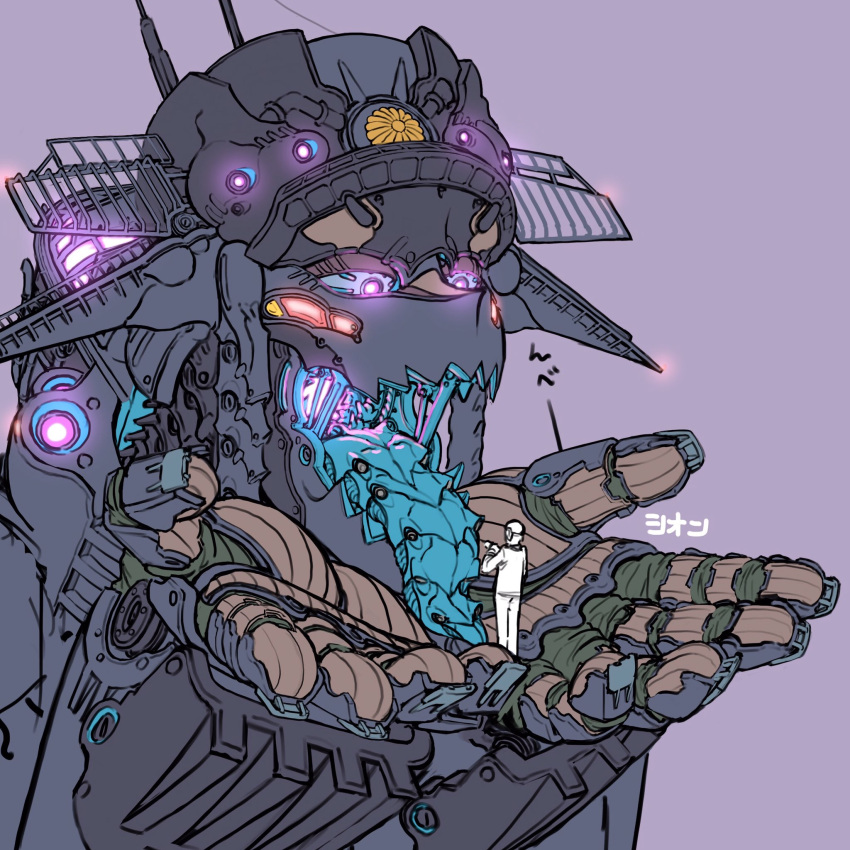 1girl 1other blue_tongue colored_tongue flat_color giant giantess glowing glowing_eyes glowing_mouth hands_up highres humanoid_robot in_palm industrial insignia long_tongue looking_at_another mecha open_mouth original purple_background robot sharp_teeth shion_humine simple_background size_difference solo_focus teeth tongue tongue_out upper_body violet_eyes