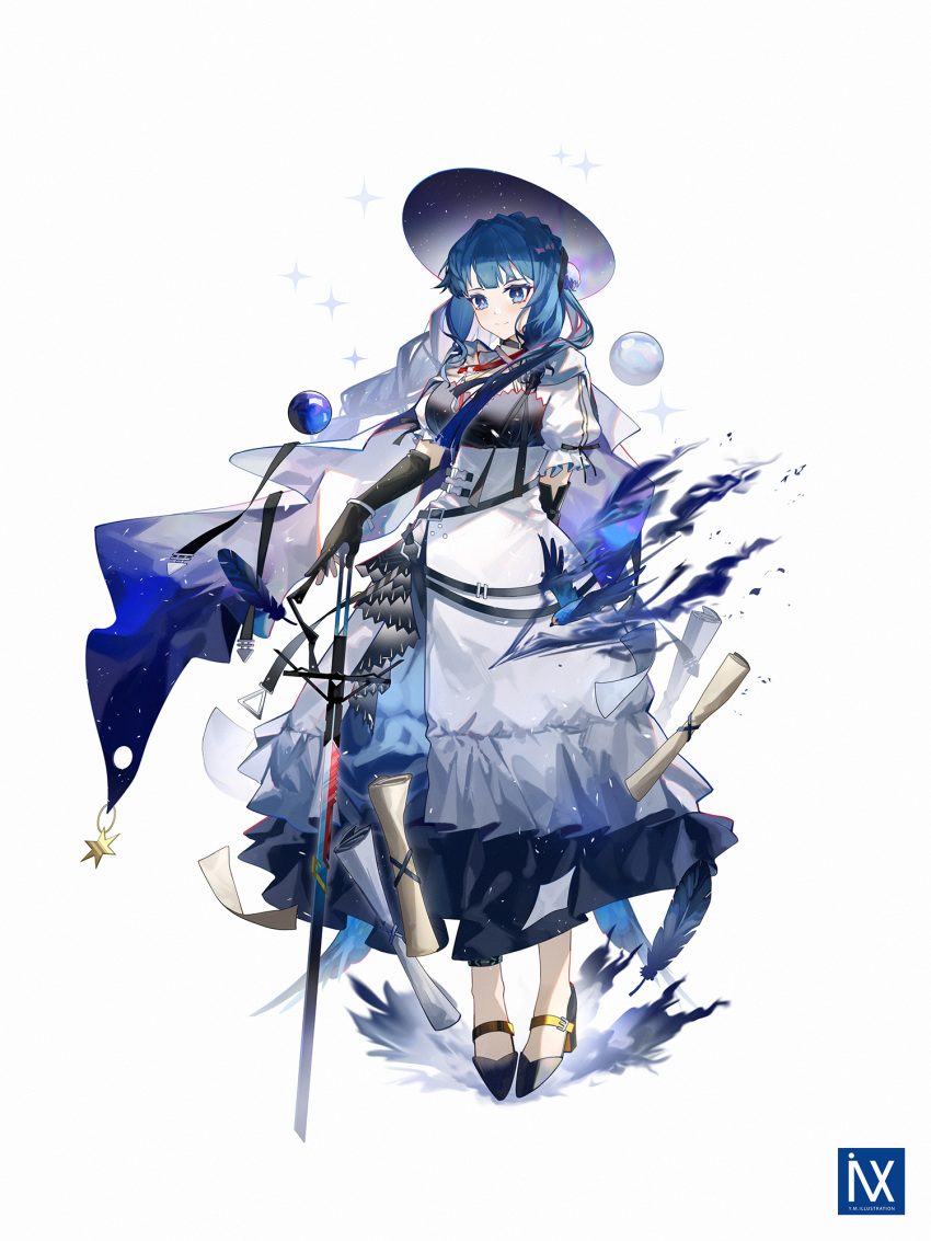 1girl arknights arm_behind_back astesia_(arknights) astesia_(starseeker)_(arknights) bangs bird black_footwear black_gloves blue_eyes blue_hair breasts closed_mouth dress frilled_sleeves frills full_body gloves hand_on_hilt high_heels highres in_container long_hair medium_breasts orb puffy_short_sleeves puffy_sleeves scroll short_sleeves smile solo white_dress yuuki_mix