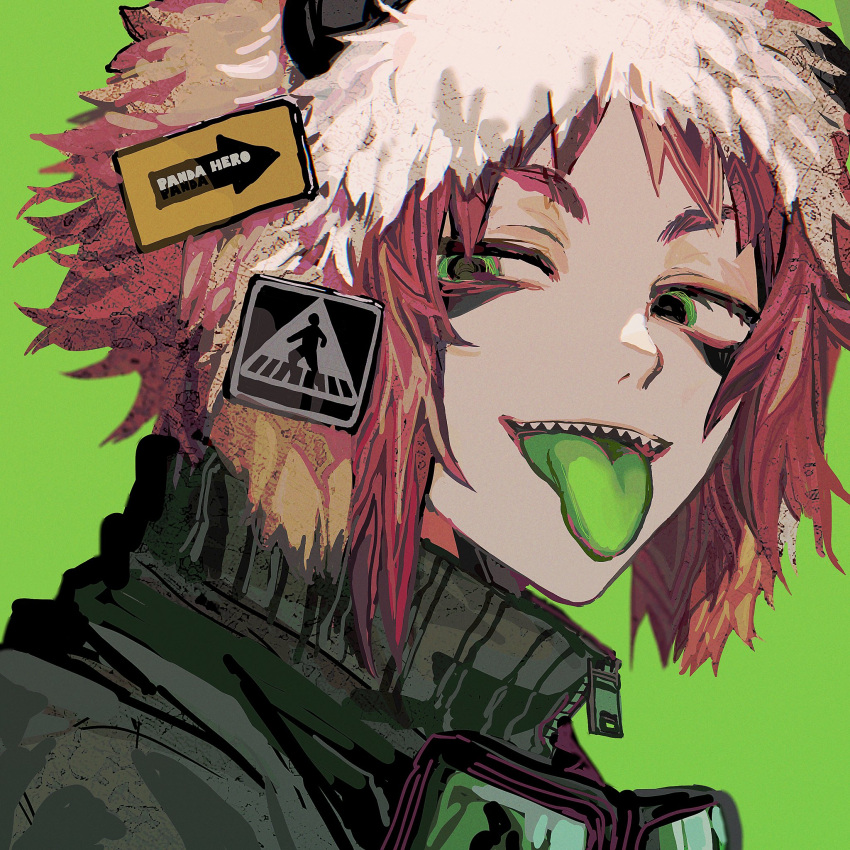 1girl androgynous bangs colored_tongue commentary facepaint fur_hat goggles goggles_around_neck green_background green_eyes green_jacket green_tongue gumi hair_ornament hat highres jacket looking_at_viewer open_mouth panda_hero_(vocaloid) portrait sharp_teeth short_hair sign simple_background solo teeth tongue tongue_out vocaloid yadu_nadu zipper zipper_pull_tab