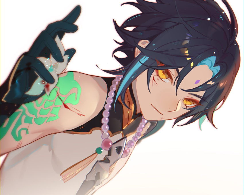 1boy aqua_hair arm_tattoo bead_necklace beads black_gloves black_hair blood blood_on_face cuts eyelashes eyeshadow facial_mark flower forehead_mark genshin_impact gloves highres injury jesse_(pixiv34586727) jewelry looking_at_viewer makeup male_focus multicolored_hair necklace orange_eyes red_eyeshadow simple_background sleeveless solo tassel tattoo upper_body white_flower xiao_(genshin_impact)