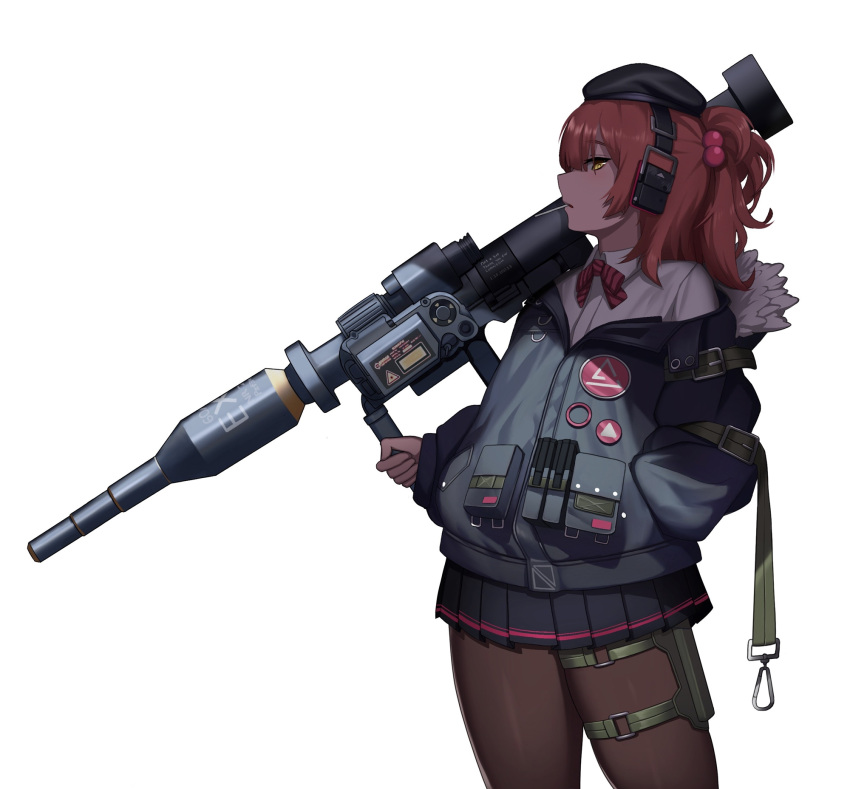1girl beret black_skirt breasts candy cero_(last2stage) commission earphones food fur-trimmed_hood fur-trimmed_jacket fur_trim girls_frontline hat highres holding holding_candy holding_food hood jacket leg_holster lollipop looking_at_viewer medium_hair mp7_(girls'_frontline) one_side_up pantyhose panzerfaust_3 redhead rocket_launcher shirt simple_background skirt small_breasts smile solo tactical_clothes weapon white_background white_shirt yellow_eyes