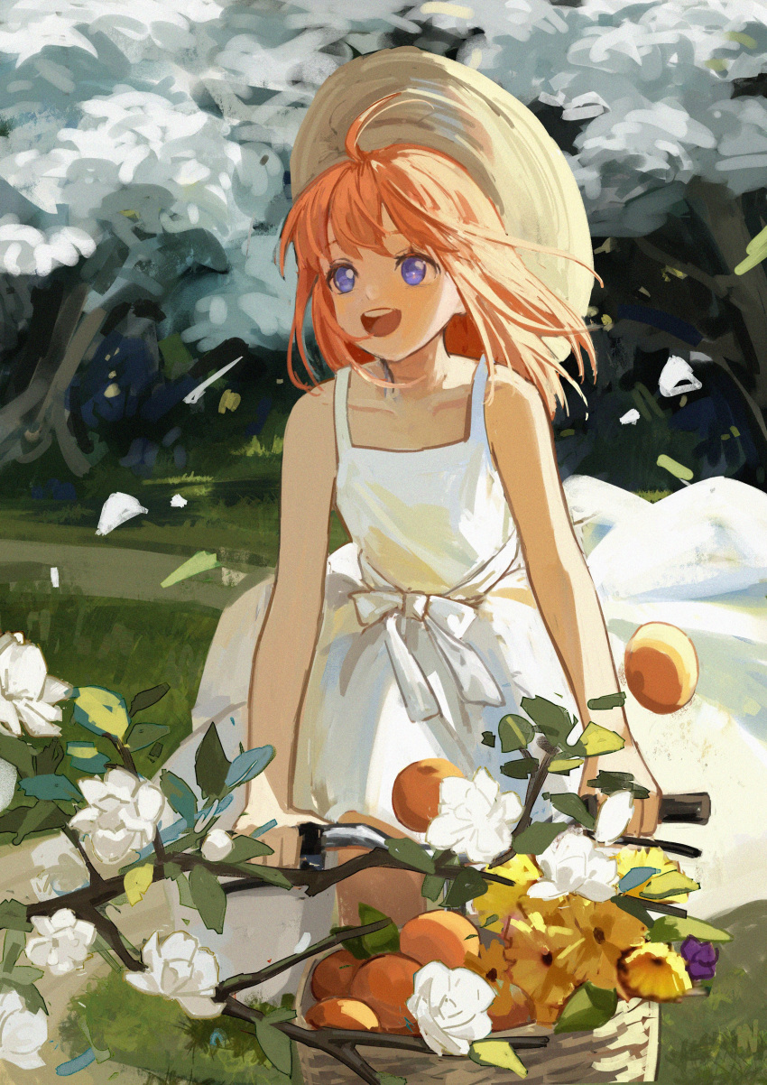 1girl absurdres alternate_costume bangs bicycle bicycle_basket branch brown_headwear day dress flower food fruit gintama ground_vehicle hat highres kagura_(gintama) leaf open_mouth orange_(fruit) orange_hair outdoors petals riding riding_bicycle sleeveless sleeveless_dress solo sun_hat teeth tree upper_teeth violet_eyes white_dress white_flower yellow_flower yuhuan