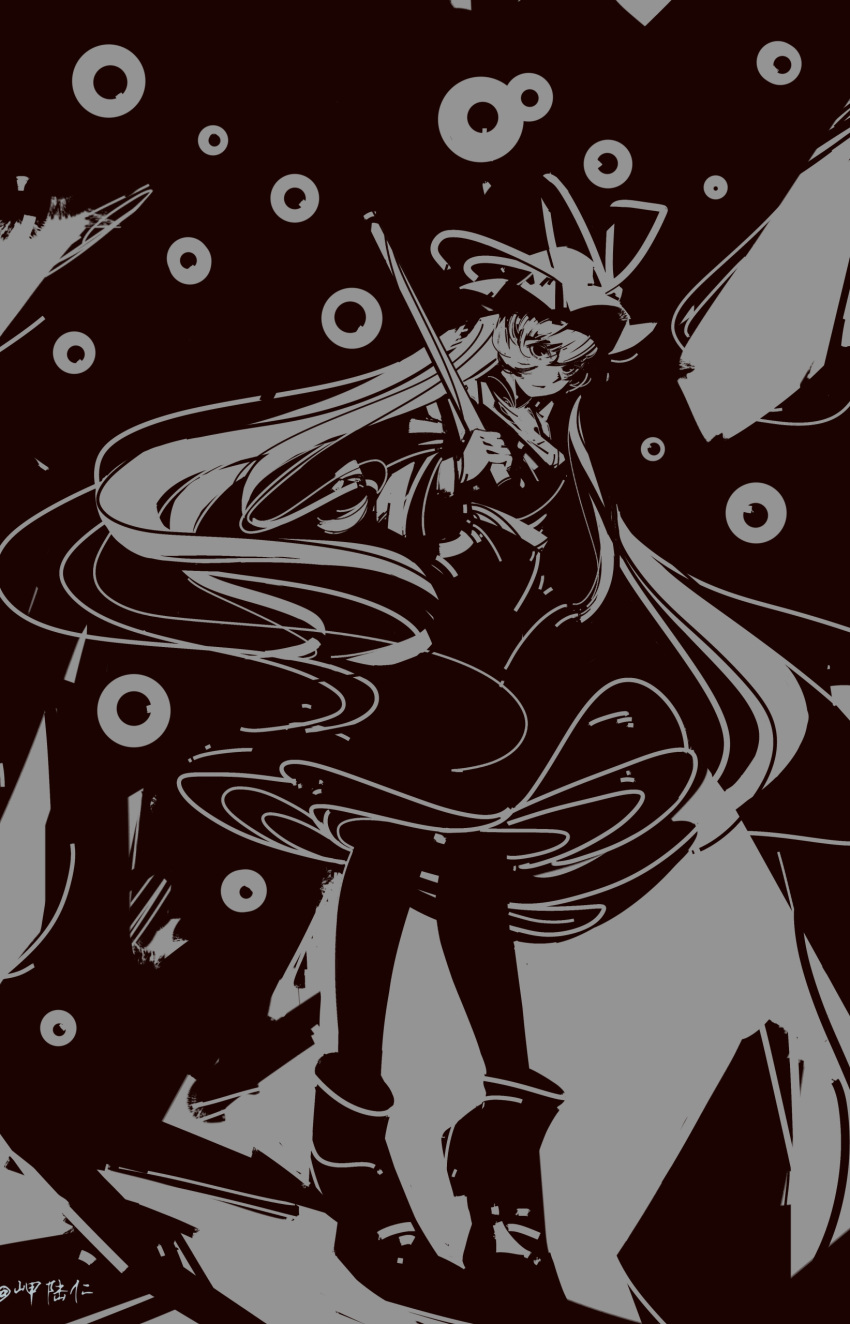 1girl :/ absurdres boots chinese_commentary closed_mouth commentary_request dress greyscale hair_between_eyes hat hat_ribbon high_contrast highres holding jialuren lofter_username long_hair looking_at_viewer mob_cap monochrome ribbon solo standing touhou very_long_hair yakumo_yukari