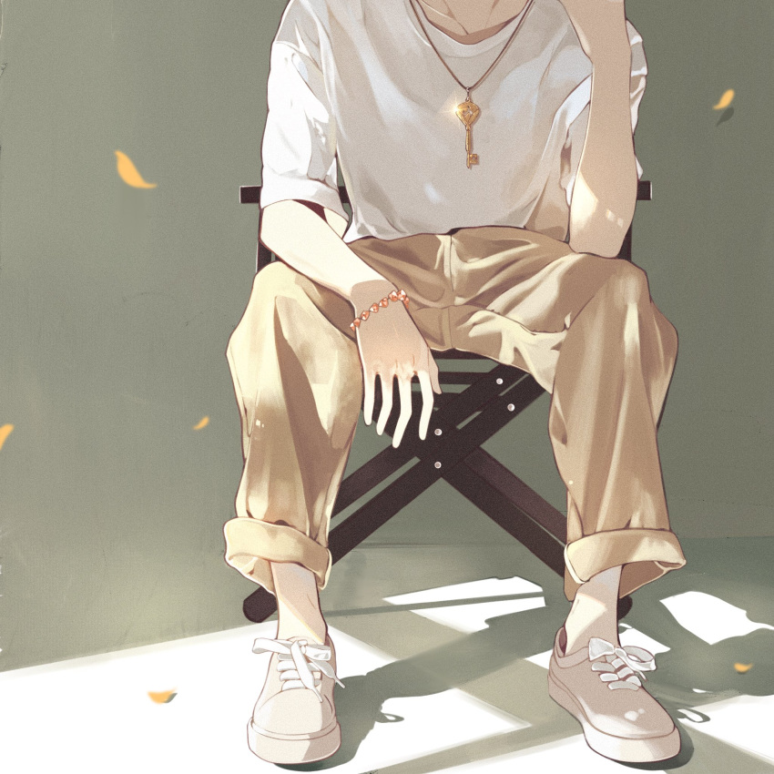 1boy brown_pants chair highres jewelry jiukuzi18797 key luke_pearce_(tears_of_themis) necklace pants petals shadow shirt shoes short_sleeves sitting sneakers solo tears_of_themis white_footwear white_shirt